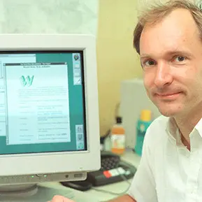 Tim Berners-Lee at his desk in CERN, 1994 (early in life).