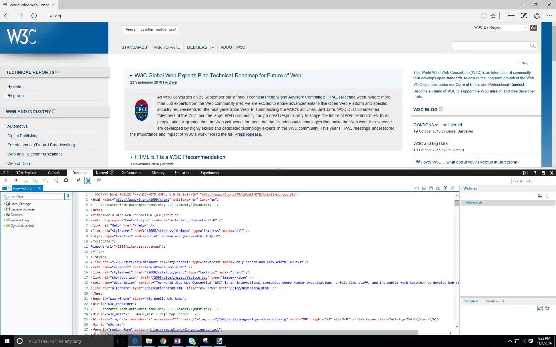 Edge Web browser with view source window open.