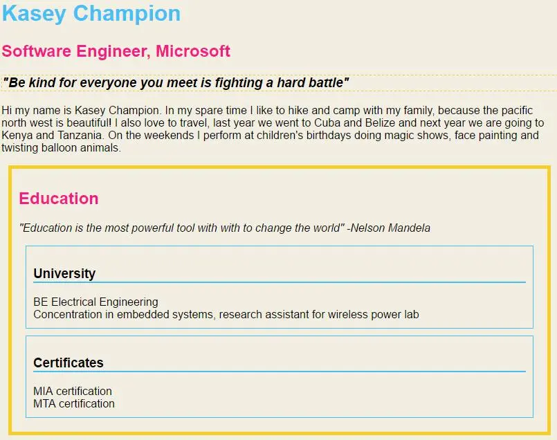 Kasey Champion's resume solution part 1.